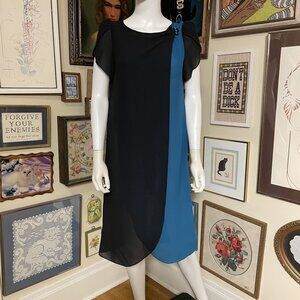 80s Vintage Charlie California Blue and Black Sheer Short Sleeve Sheath Dress 10